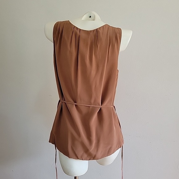 J Crew Silk Chiffon Belted Blouse Small Chocolate Brown Sleeveless Chic Feminine - Picture 9 of 15